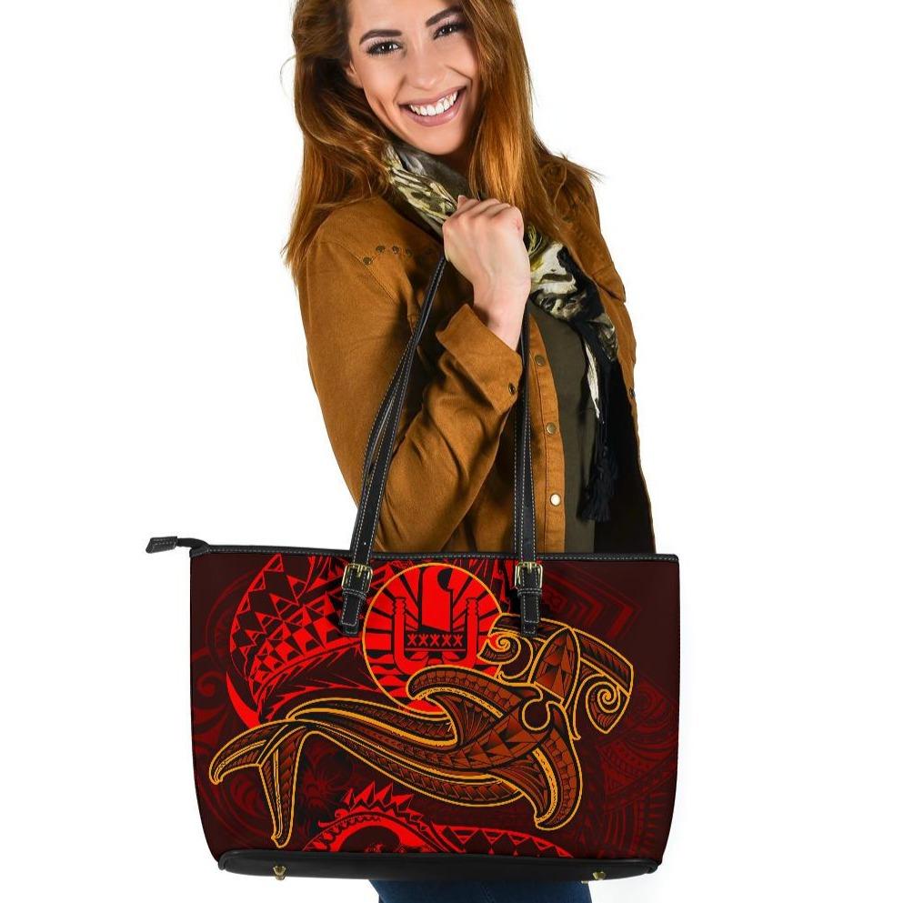 Tahiti Large Leather Tote Bag - Red Shark Polynesian Tattoo Red - Polynesian Pride