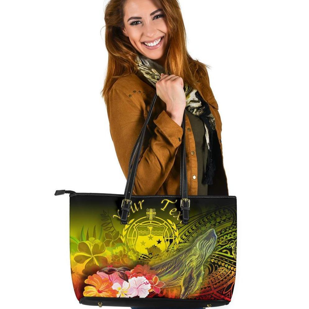 Custom Personalised Samoa Leather Tote Bag- Humpback Whale with Tropical Flowers (Yellow) Yellow - Polynesian Pride