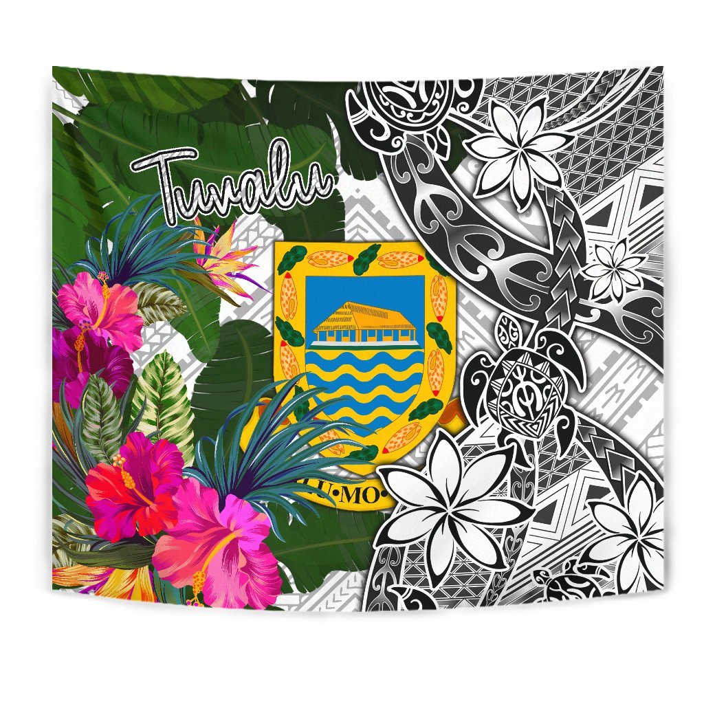 Tuvalu Tapestry White - Turtle Plumeria Banana Leaf Wall Tapestry White - Polynesian Pride