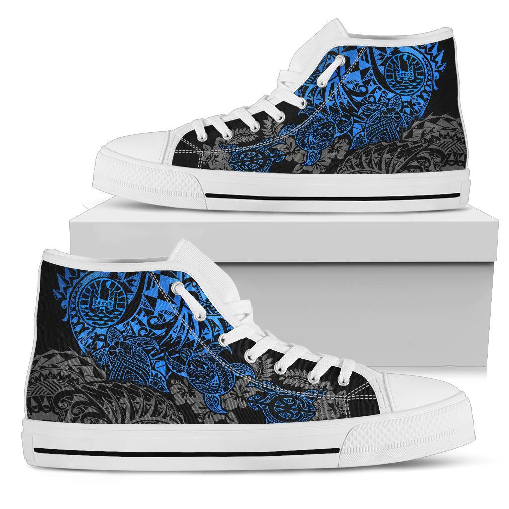 Tahiti Polynesian High Top Shoes - Blue Turtle Hibiscus Flowing Unisex White - Polynesian Pride