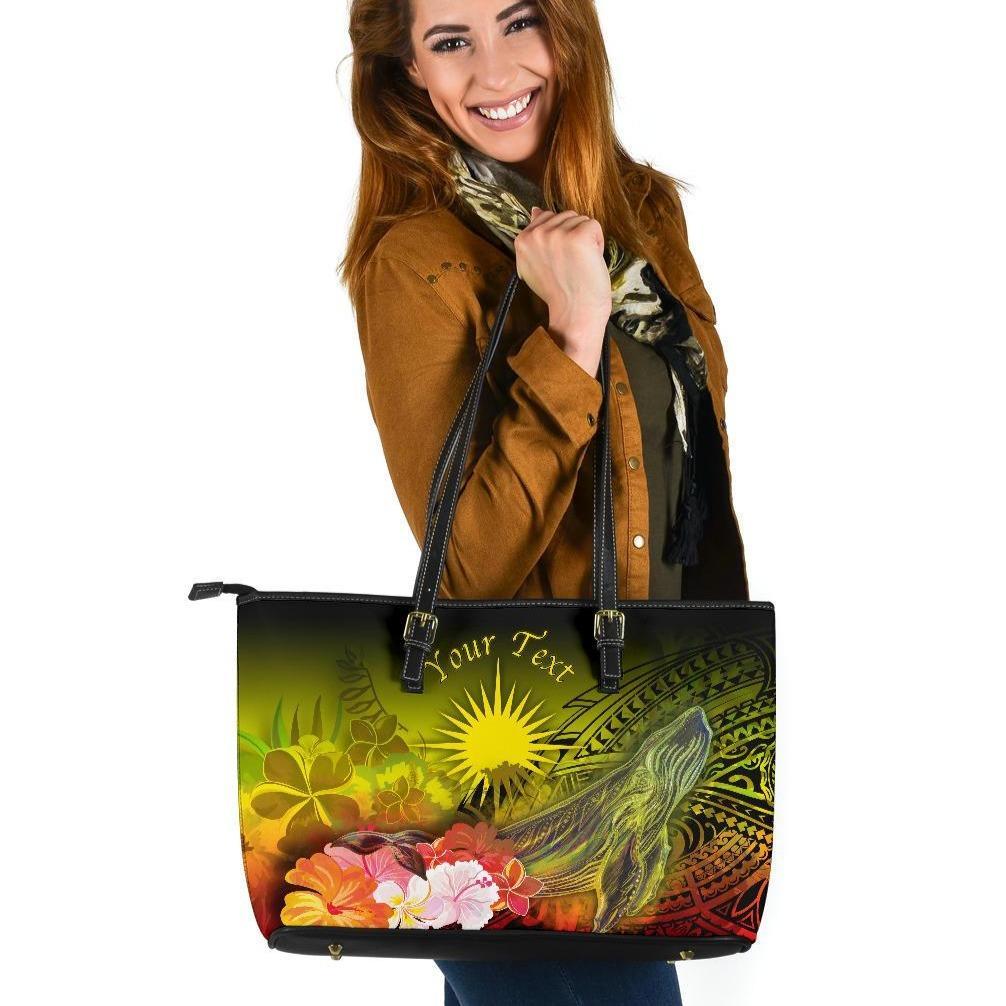 Marshall Islands Custom Personalised Large Leather Tote Bag - Humpback Whale with Tropical Flowers (Yellow) Yellow - Polynesian Pride