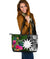 Nauru Large Leather Tote Bag - Turtle Plumeria Banana Leaf Black - Polynesian Pride