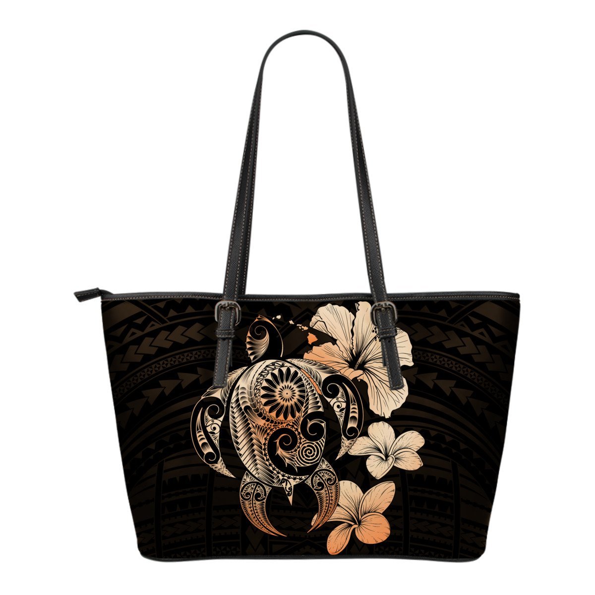 Hibiscus Plumeria Mix Polynesian Orange Turtle Small Leather Tote Orange - Polynesian Pride