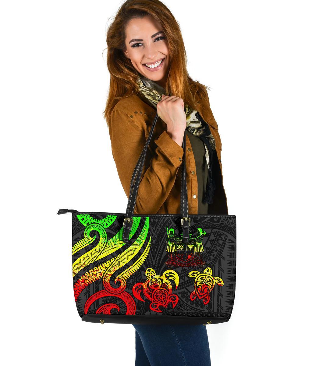 Fiji Polynesian Large Leather Tote Bag - Reggae Tentacle Turtle Crest Reggae - Polynesian Pride