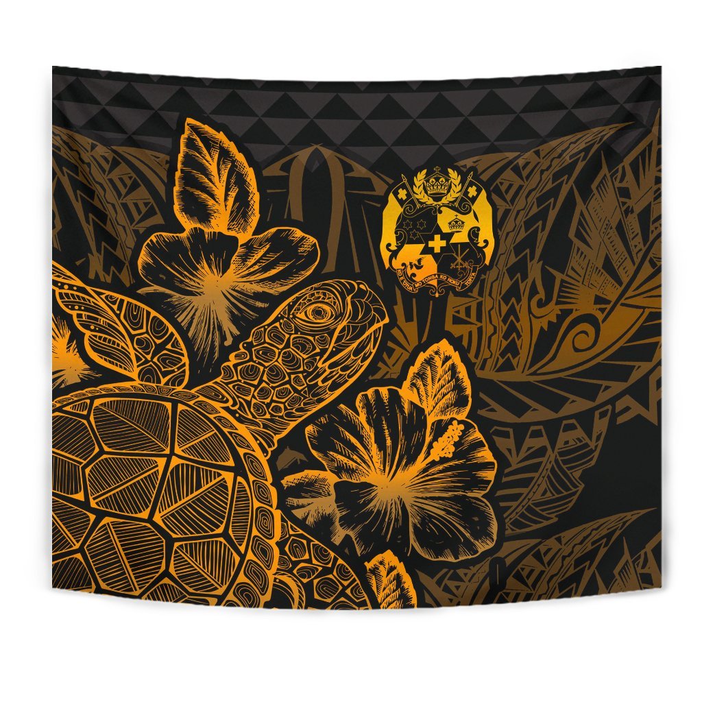 Tonga Tapestry - Turtle Hibiscus Pattern Gold - Polynesian Pride