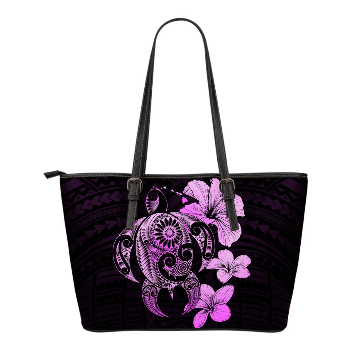 Hibiscus Plumeria Mix Polynesian Pink Turtle Small Leather Tote Pink - Polynesian Pride