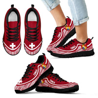 Tonga Wave Sneakers - Polynesian Pattern White Red Color Kid's Sneakers - Black - Tonga Black - Polynesian Pride