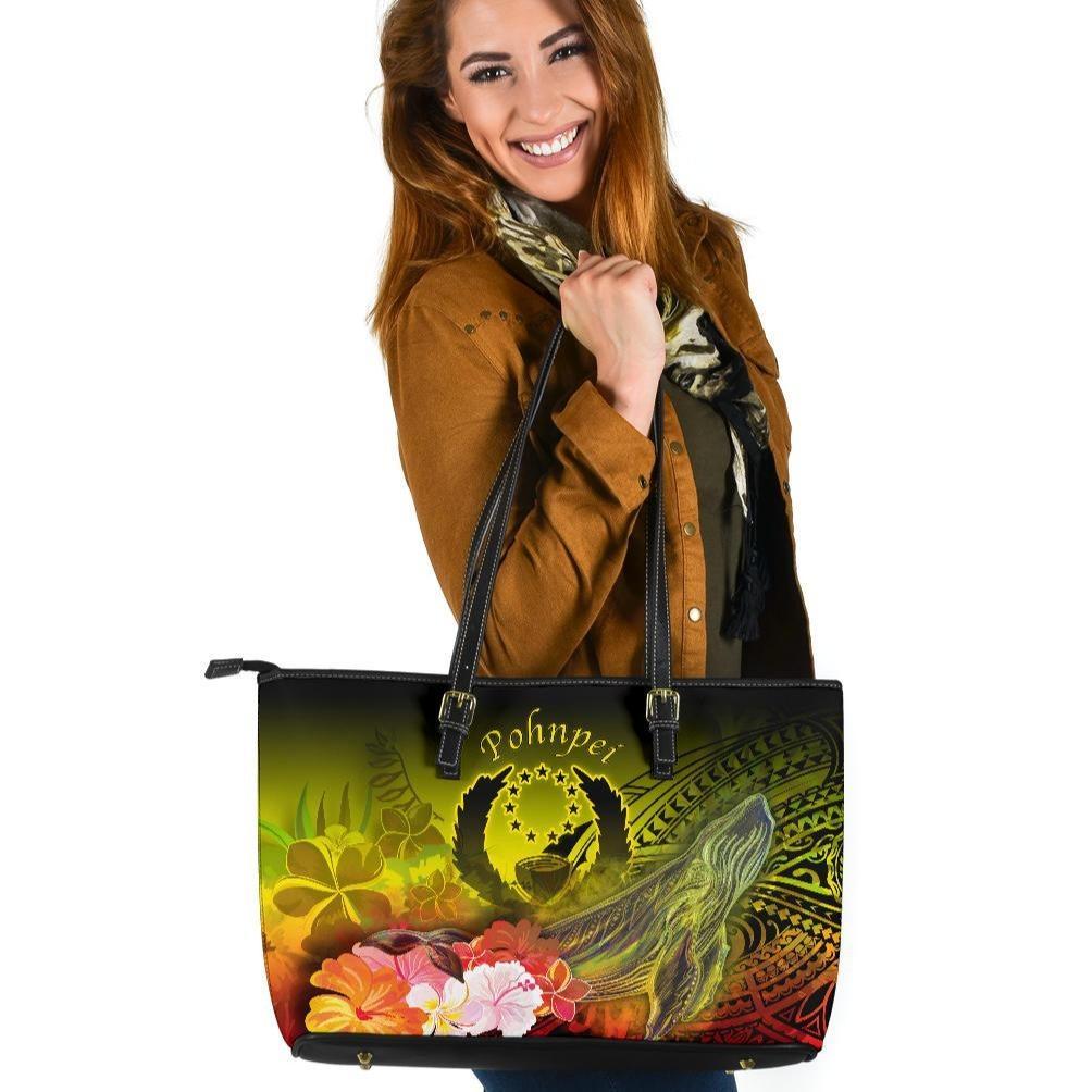 Pohnpei Leather Tote Bag - Humpback Whale with Tropical Flowers (Yellow) Yellow - Polynesian Pride