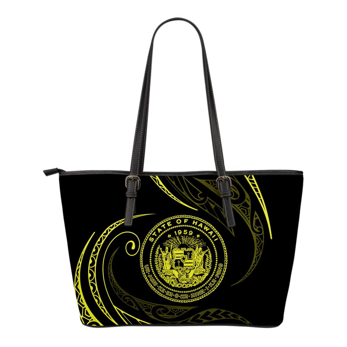 Hawaii Coat Of Arms Small Leather Tote - Yellow - Frida Style Black - Polynesian Pride