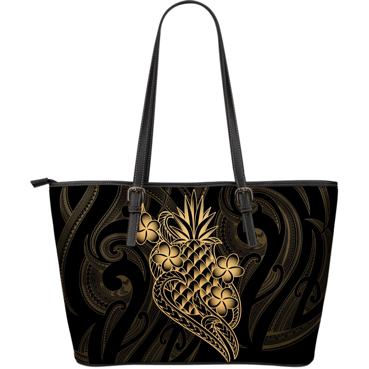 Polynesian Leather Tote Bag - Gold Pineapple Black - Polynesian Pride