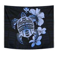 Hawaiian Kanaka Hibiscus Plumeria Mix Polynesian Turtle Tapestry Blue AH Wall Tapestry Blue - Polynesian Pride