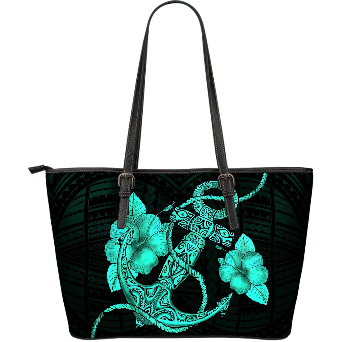 Anchor Turquoise Poly Tribal Large Leather Tote Turquoise - Polynesian Pride