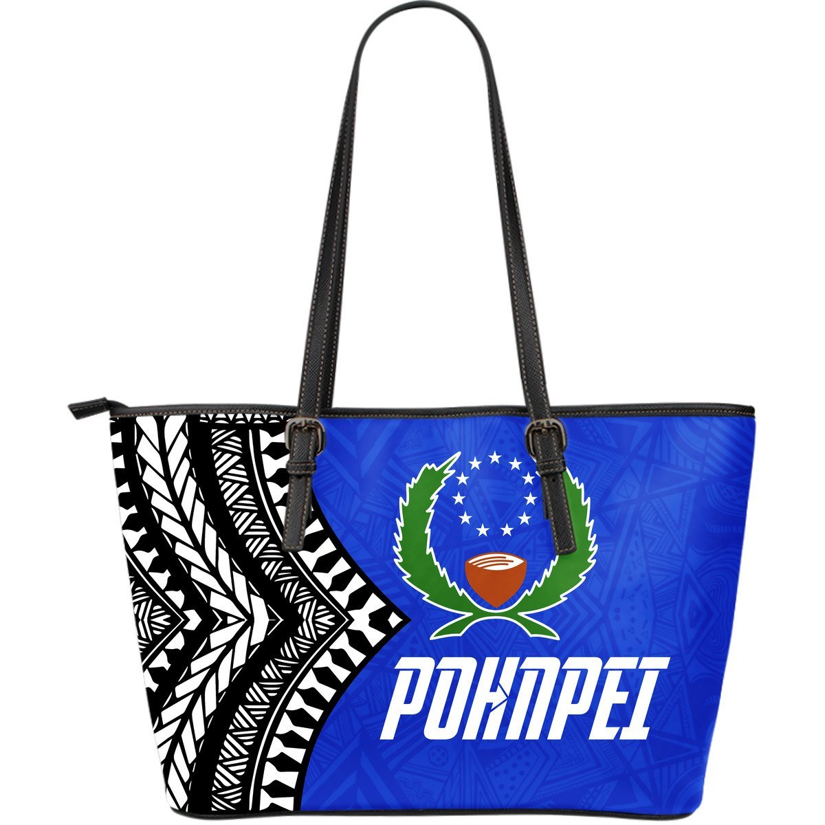 Pohnpei Flag Large Leather Tote Micronesian Pattern Blue - Polynesian Pride