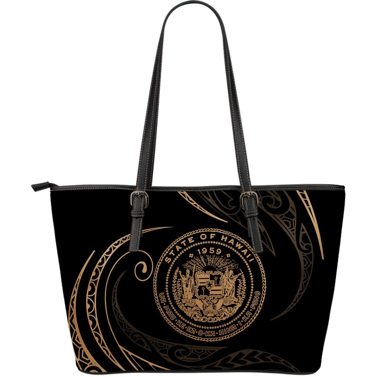 Hawaii Coat Of Arms Large Leather Tote - Gold - Frida Style Black - Polynesian Pride