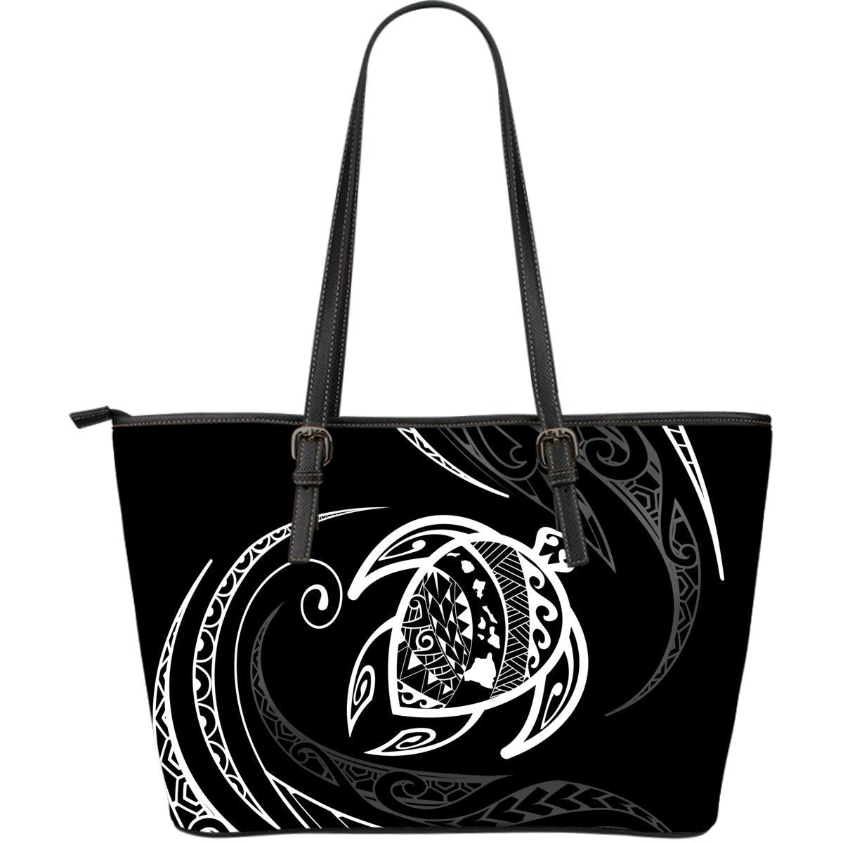 Hawaii Turtle Large Leather Tote - White - Frida Style Black - Polynesian Pride