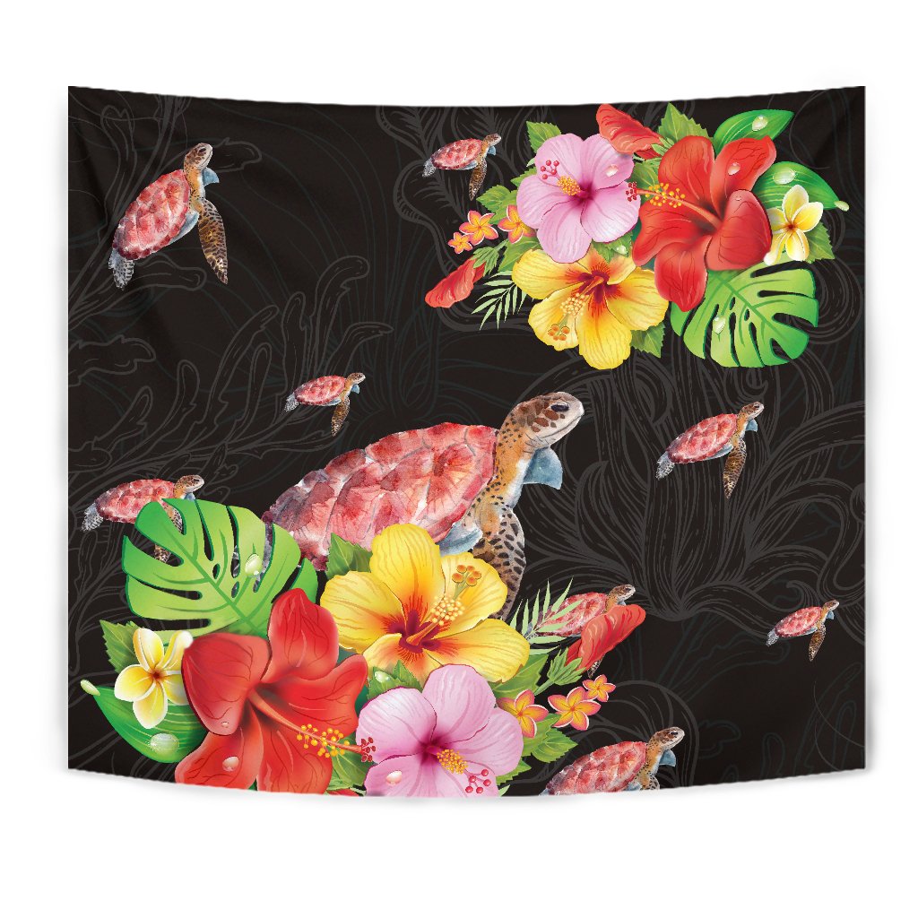 Hibiscus Plumeria Turtle Tapestry Wall Tapestry Black - Polynesian Pride