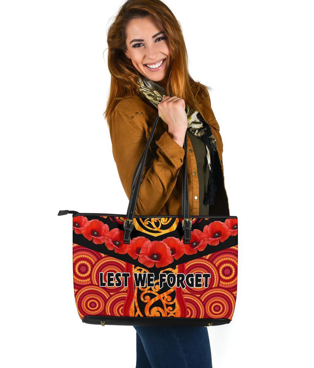 Anzac Lest We Forget Poppy Large Leather Tote New Zealand Maori Silver Fern - Australia Aboriginal Red - Polynesian Pride