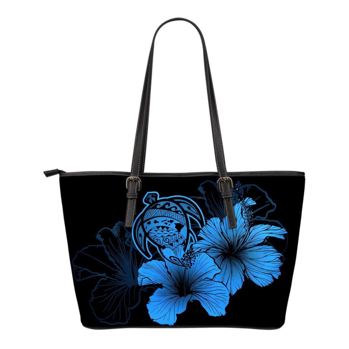 Hawaii Hibiscus Small Leather Tote Bag - Turtle Map - Traffic Blue Blue - Polynesian Pride