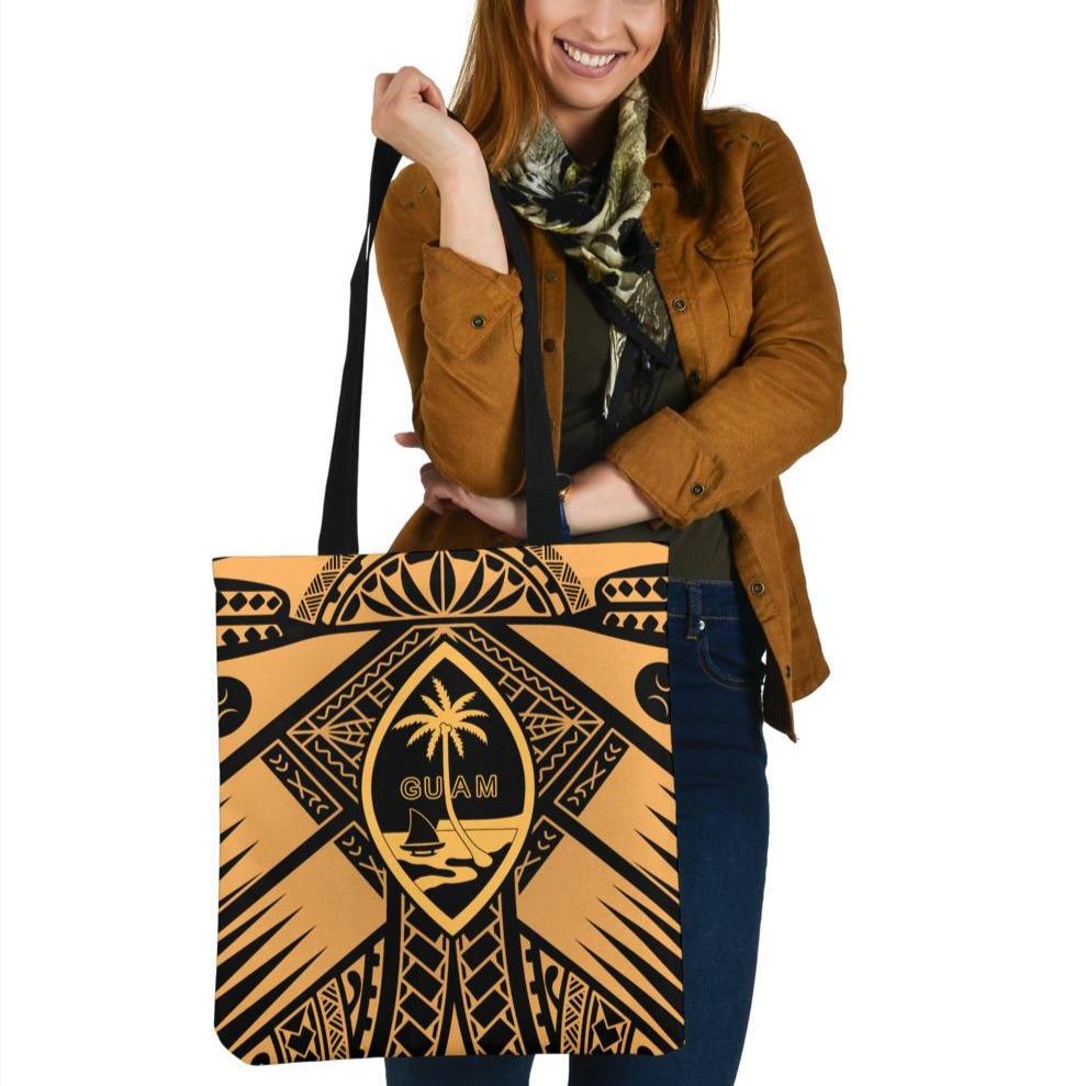 Guam Polynesian Tote Bags - Guam Gold Seal with Polynesian Tattoo Tote Bag One Size Gold - Polynesian Pride