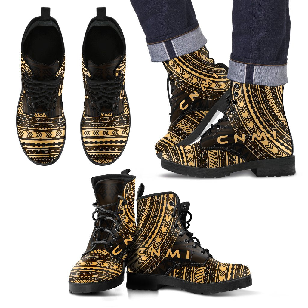 Northern Mariana Islands Leather Boots - Polynesian Gold Chief Version Black - Polynesian Pride