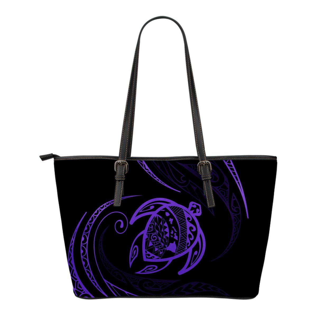 Hawaii Turtle Small Leather Tote - Purple - Frida Style Black - Polynesian Pride