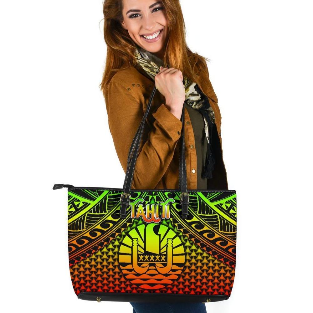 Polynesian Tahiti Leather Tote Bag - Reggae Vintage Polynesian Patterns Reggae - Polynesian Pride