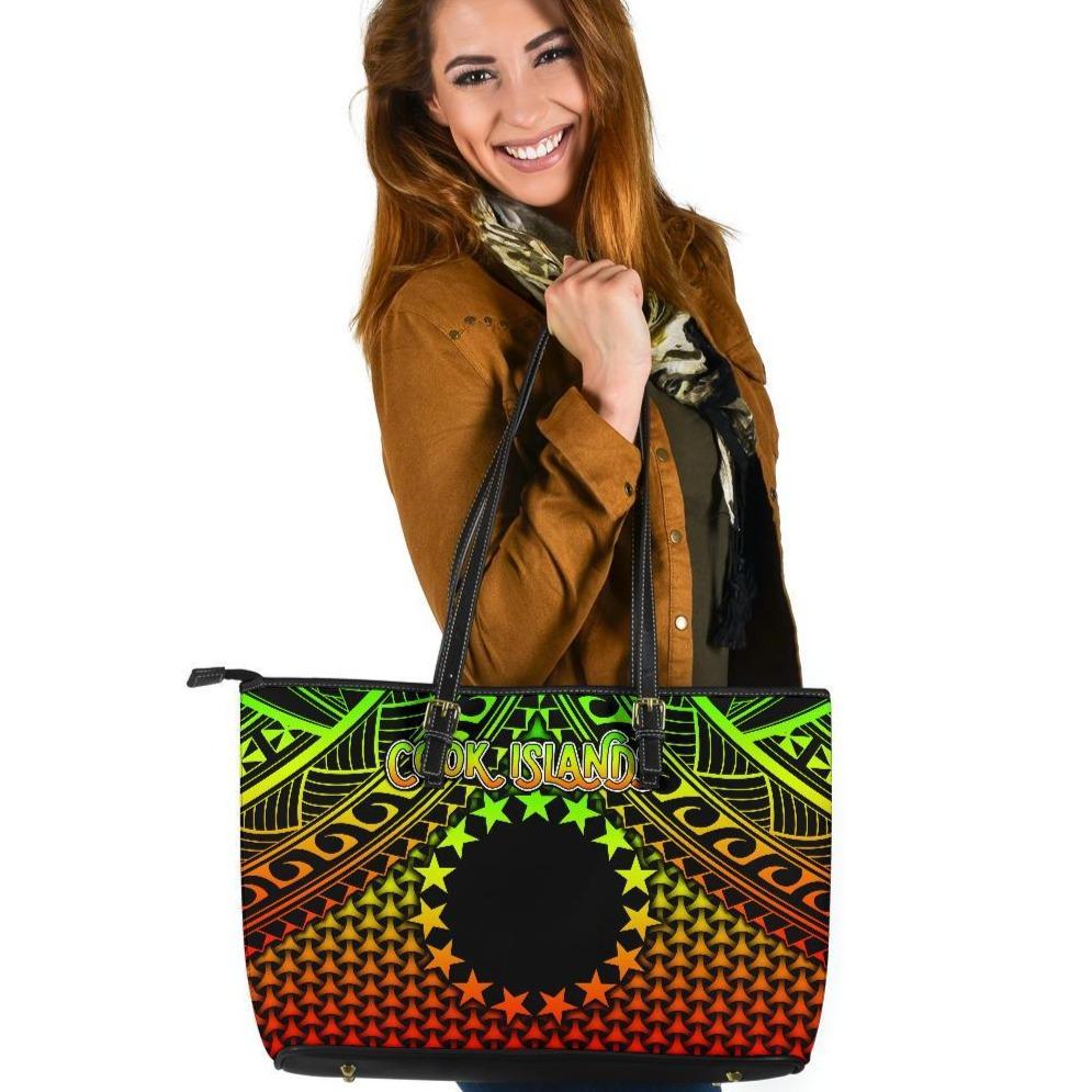 Polynesian Cook Islands Large Leather Tote Bag - Reggae Vintage Polynesian Patterns Reggae - Polynesian Pride