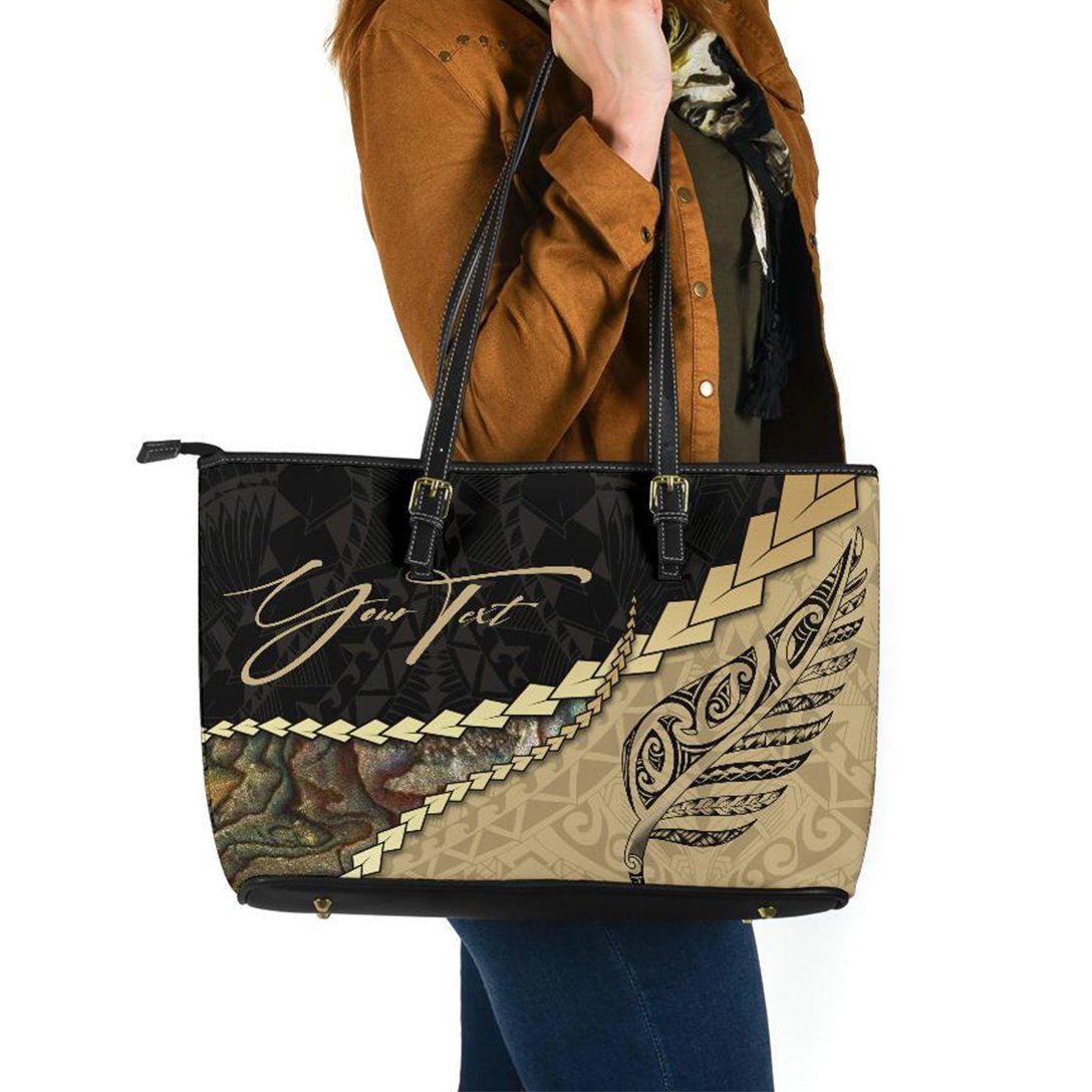 (Signature Custom) Paua Shell, Maori Silver Fern Leather Tote Bag Golden - Polynesian Pride