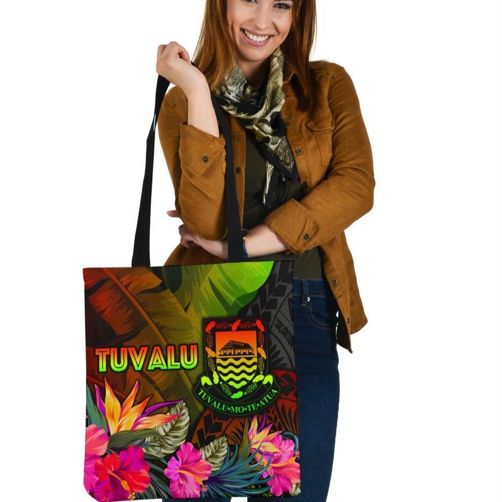 Tuvalu Polynesian Tote Bags - Hibiscus and Banana Leaves Tote Bag One Size Reggae - Polynesian Pride