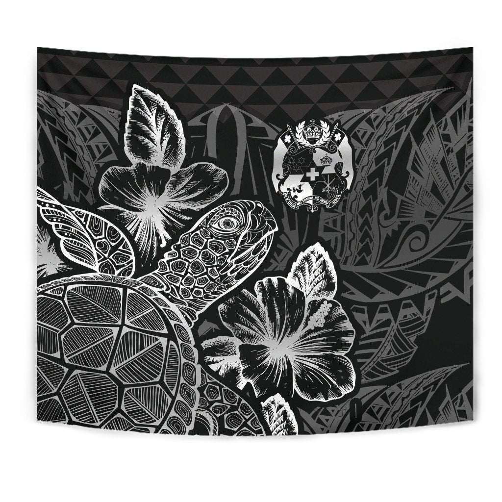 Tonga Tapestry - Turtle Hibiscus Pattern Black - Polynesian Pride