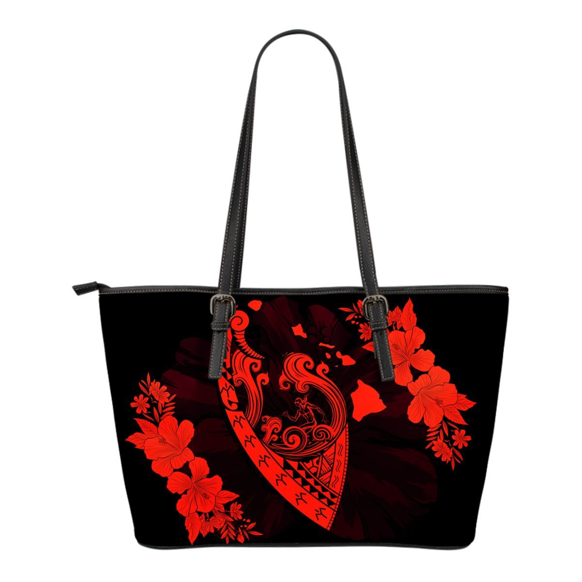 Hawaii Hibiscus Banzai Surfing Small Leather Tote Bag Red Red - Polynesian Pride