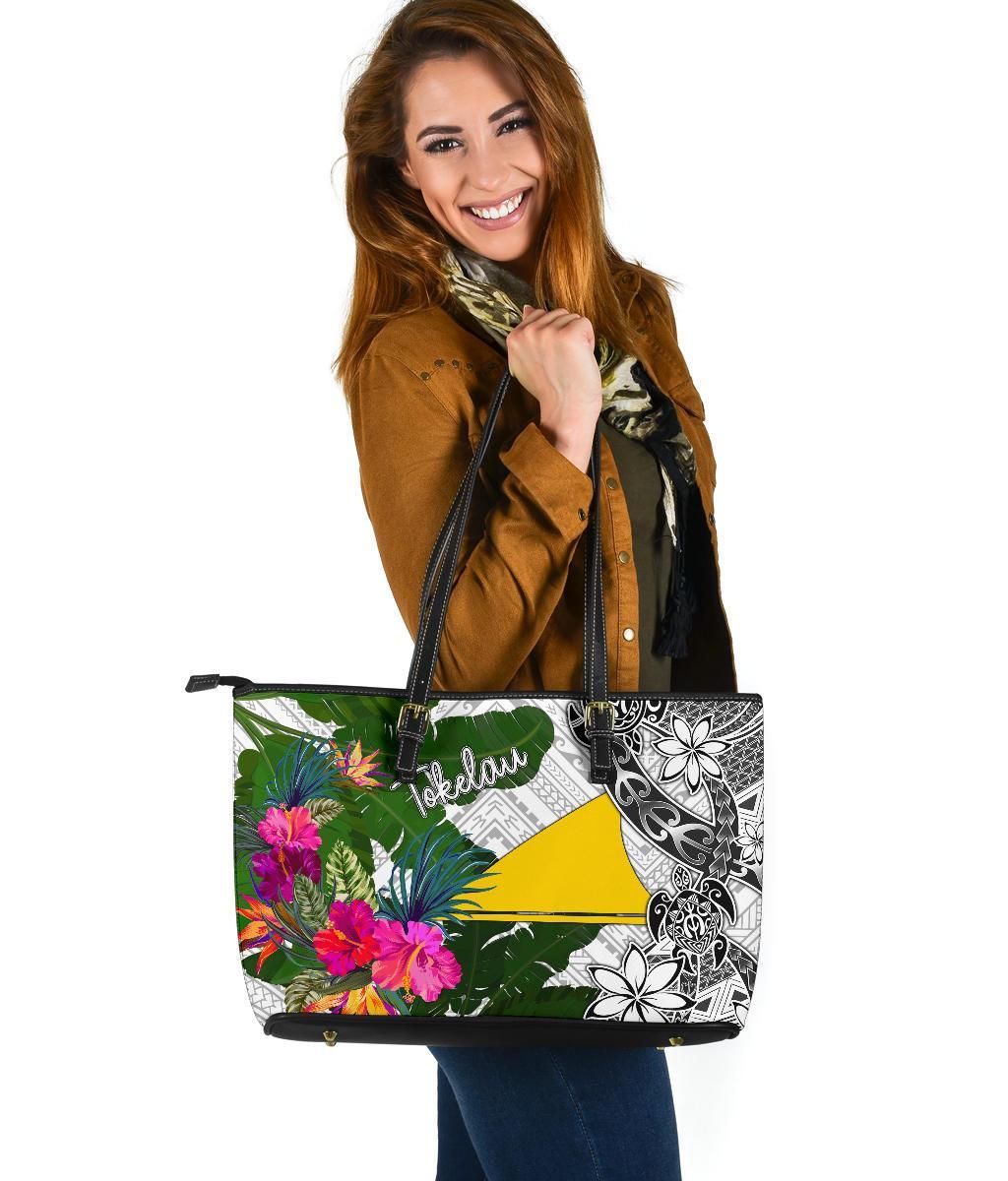 Tokelau Large Leather Tote Bag White - Turtle Plumeria Banana Leaf White - Polynesian Pride