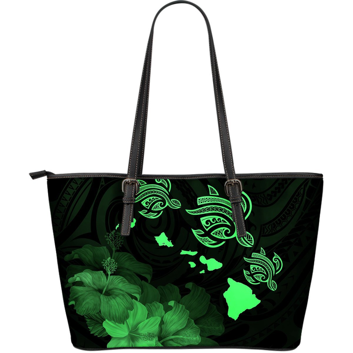 Hawaii Hibiscus Map Polynesian Ancient Green Turtle Large Leather Tote Green - Polynesian Pride