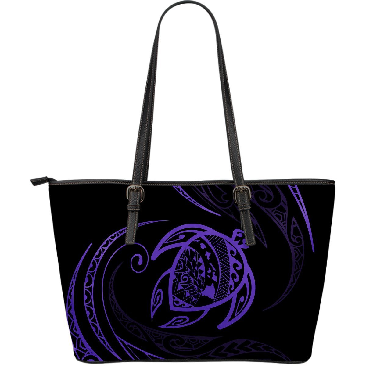 Hawaii Turtle Large Leather Tote - Purple - Frida Style Black - Polynesian Pride