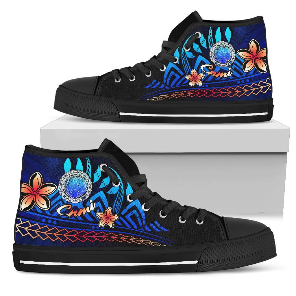 CNMI High Top Shoes Blue - Vintage Tribal Mountain Unisex Black - Polynesian Pride