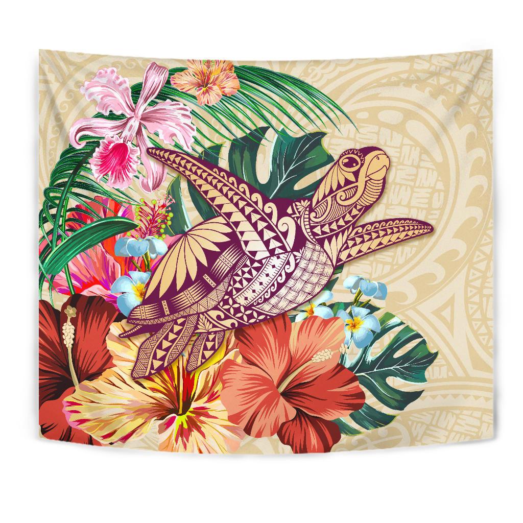 Hawaii Tropical Hibiscus Plumeria Turtle Beige Tapestry - Polynesian Pride