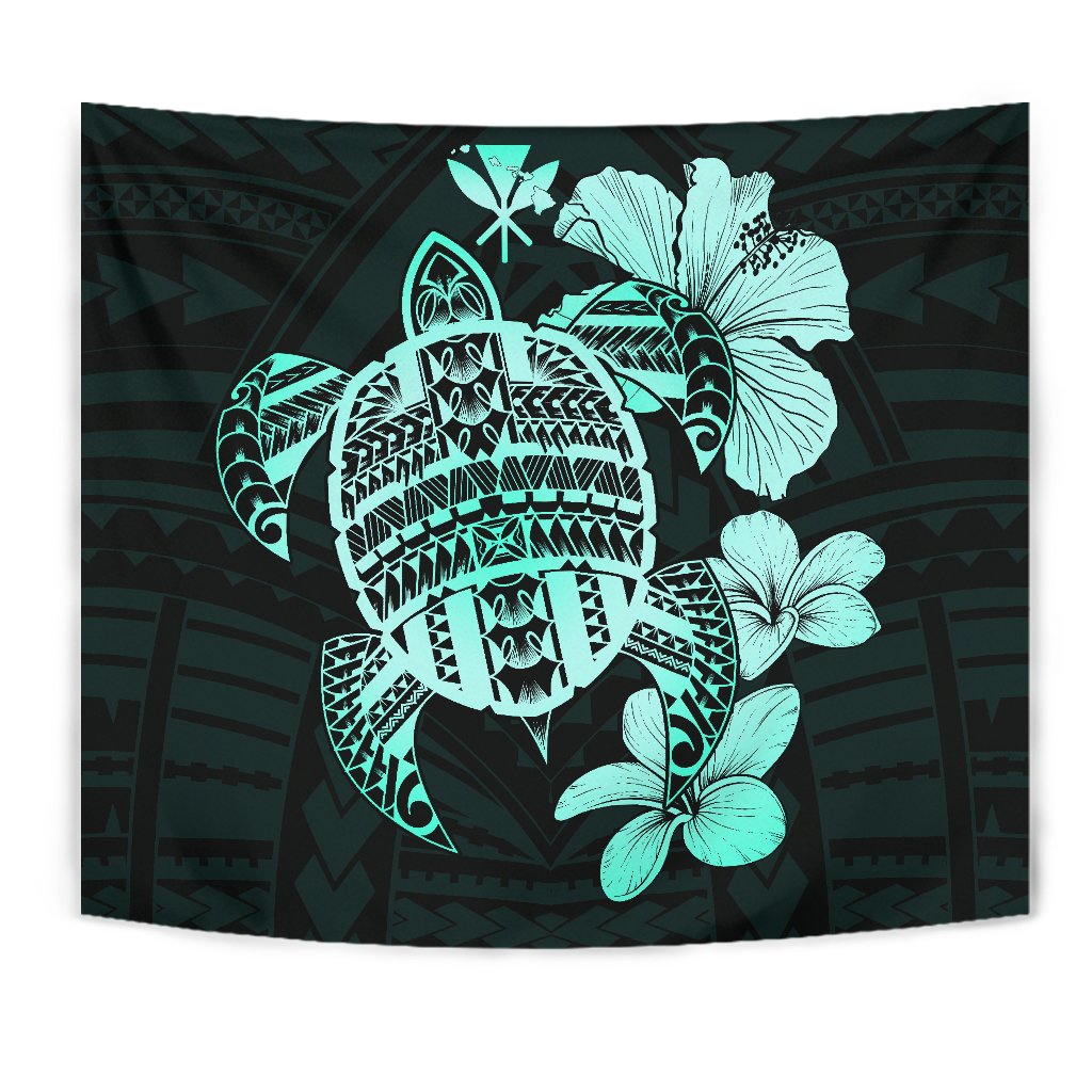 Hawaiian Kanaka Hibiscus Plumeria Mix Polynesian Turtle Tapestry Turquoise AH Wall Tapestry Turquoise - Polynesian Pride