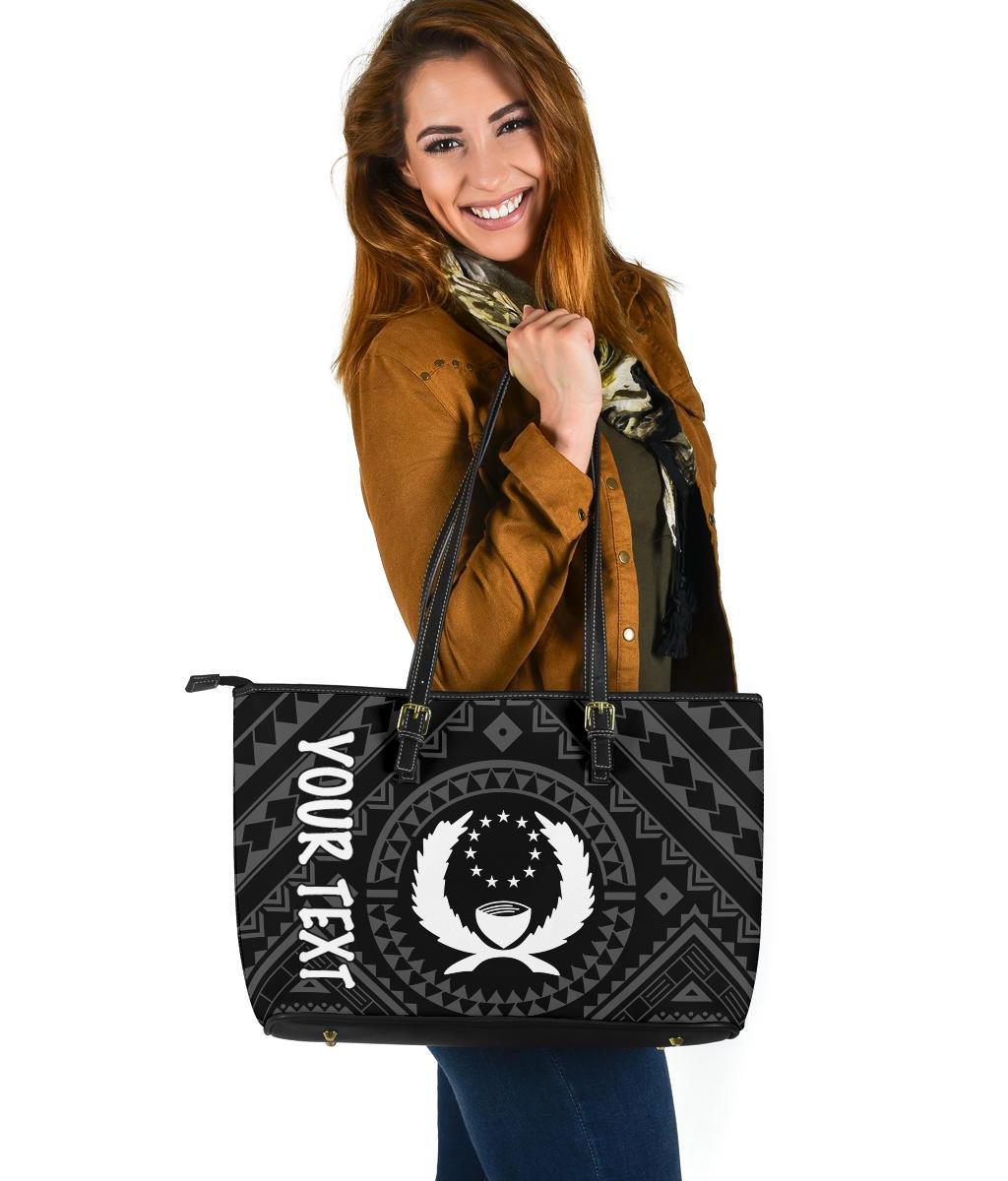 Pohnpei Personalised Leather Tote Bag - Pohnpei Seal With Polynesian Tattoo Style ( Black) Black - Polynesian Pride