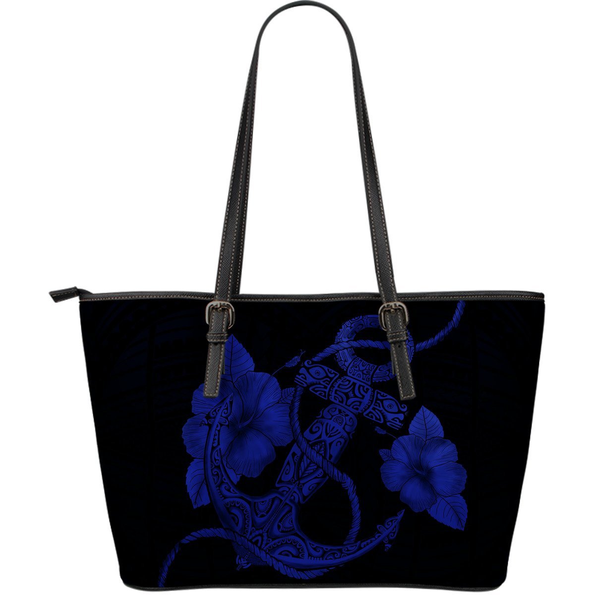 Anchor Blue Poly Tribal Large Leather Tote Blue - Polynesian Pride