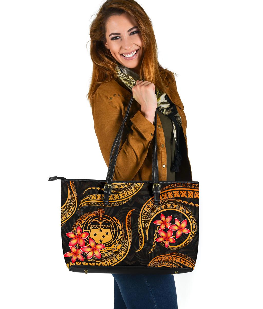 Samoa Polynesian Leather Tote Bag - Gold Plumeria GOLD - Polynesian Pride