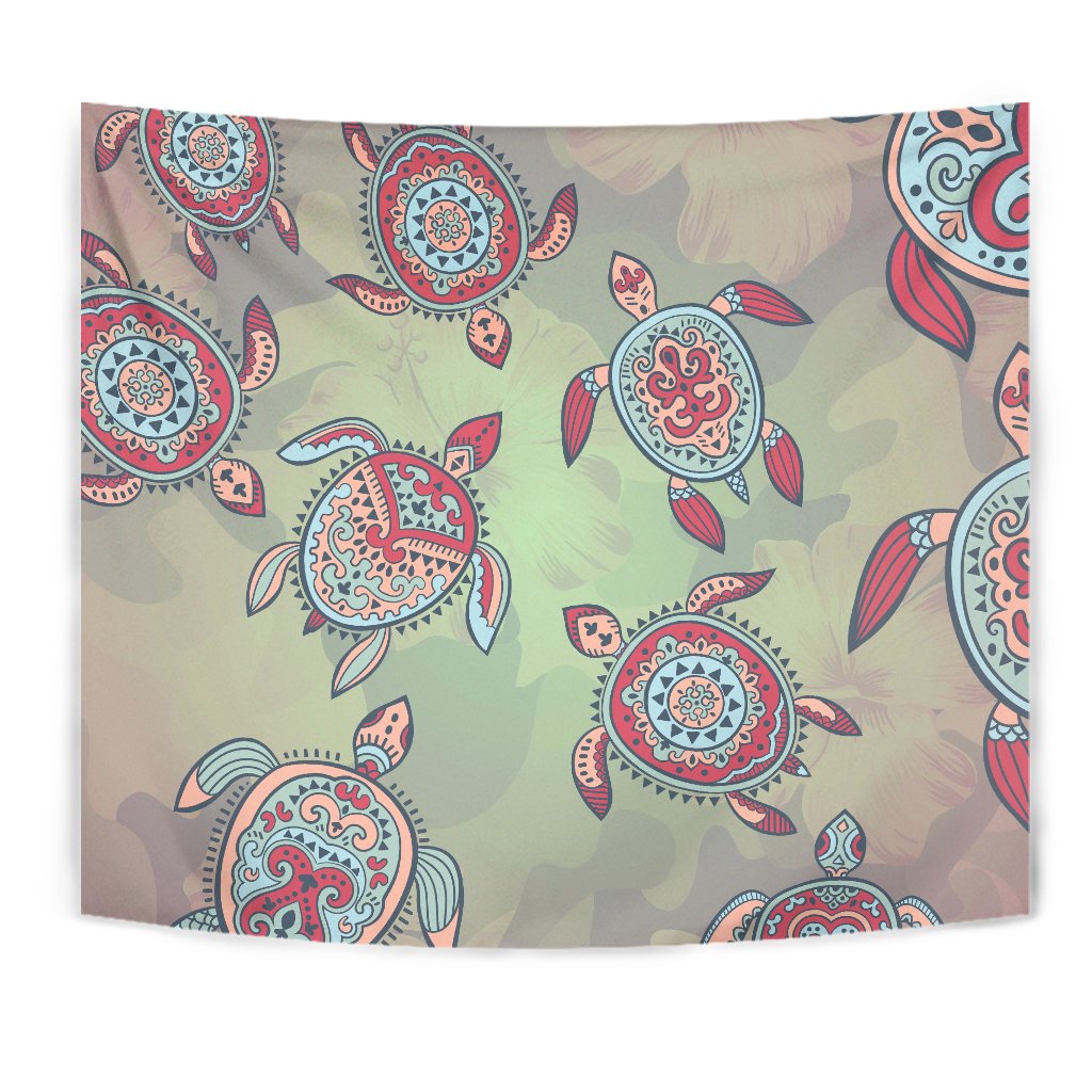 Turtle Colorful Hibiscus Background Tapestry Wall Tapestry White - Polynesian Pride
