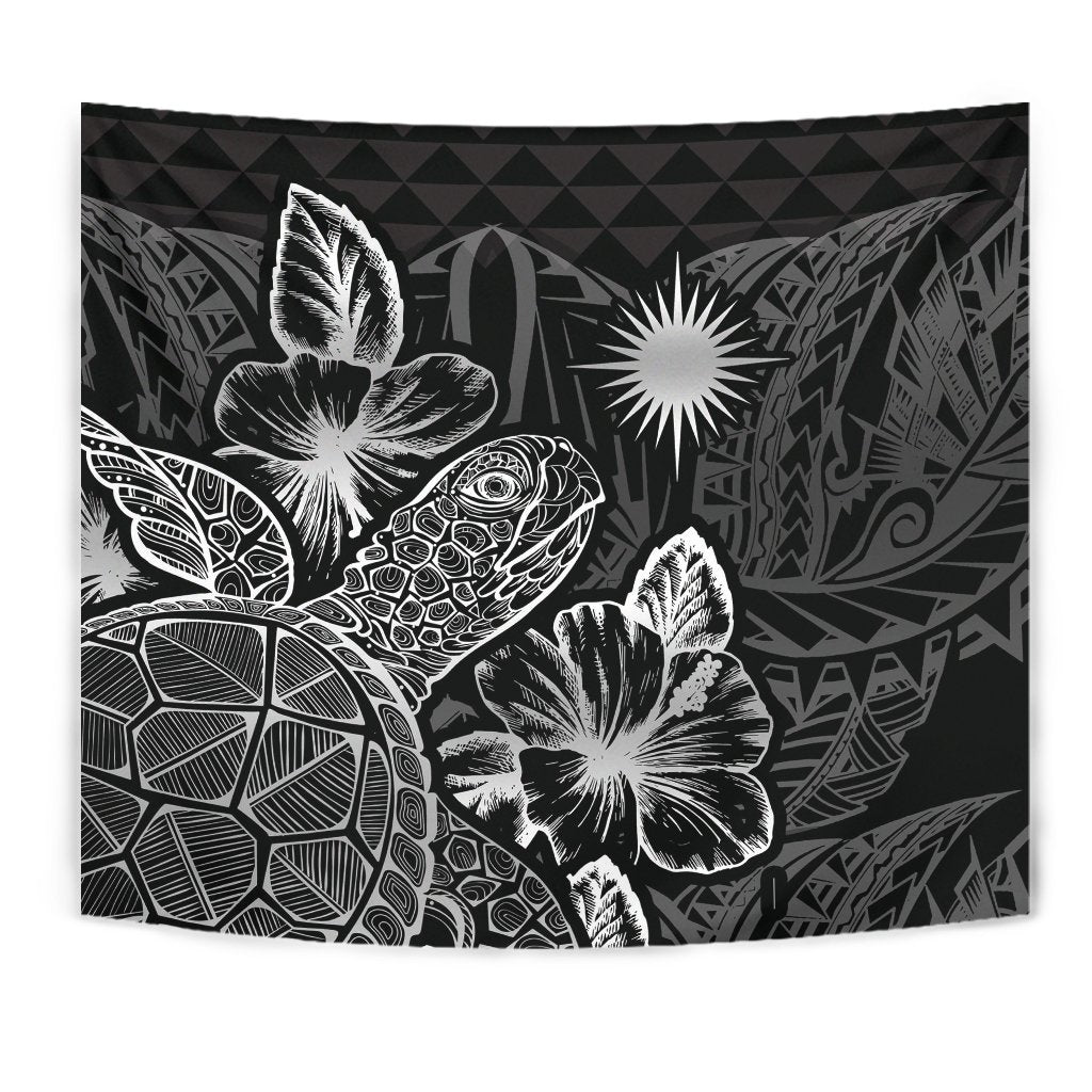 Marshall Islands Tapestry - Turtle Hibiscus Pattern Black - Polynesian Pride