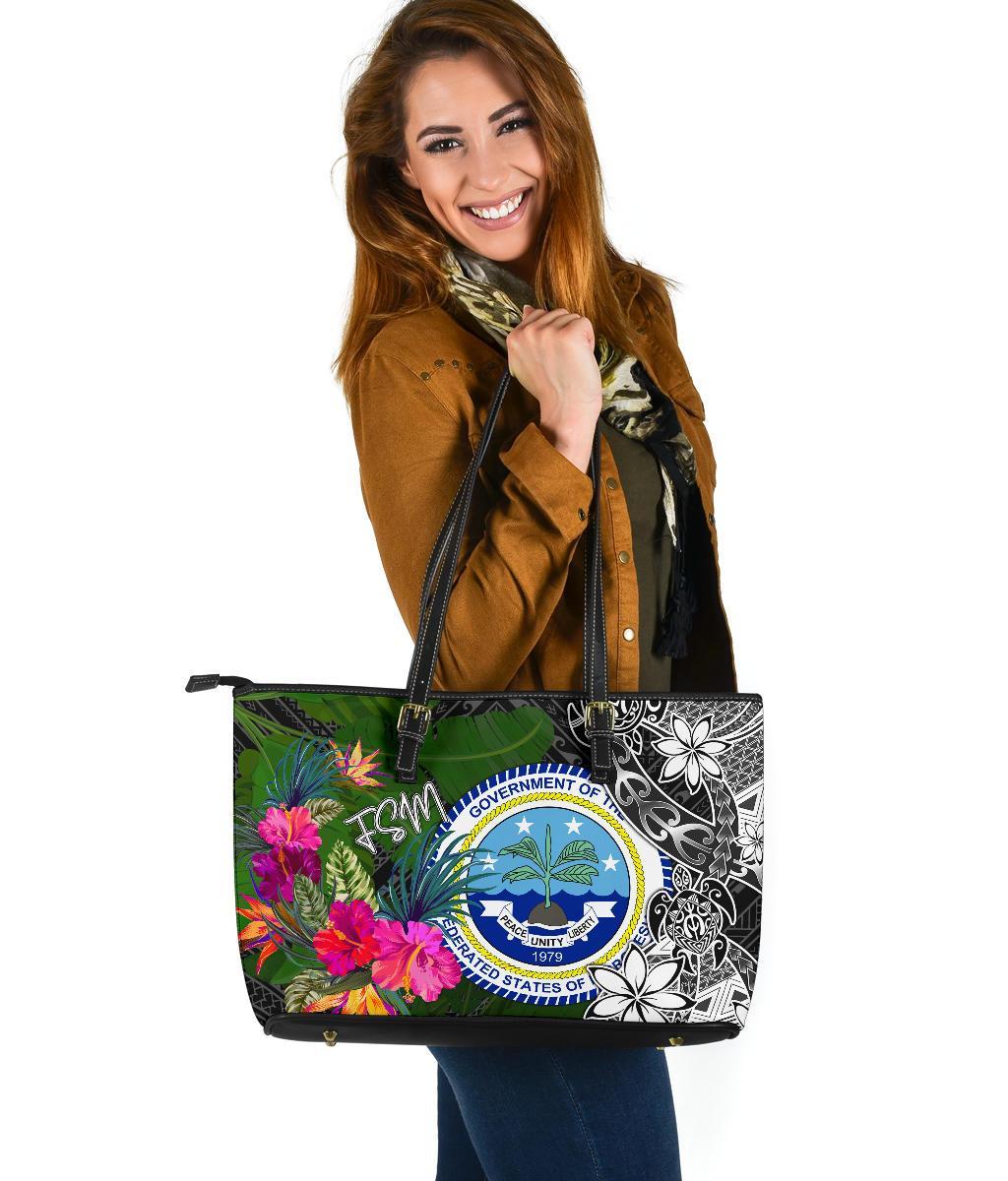 Federated States of Micronesia Large Leather Tote Bag - Turtle Plumeria Banana Leaf Black - Polynesian Pride