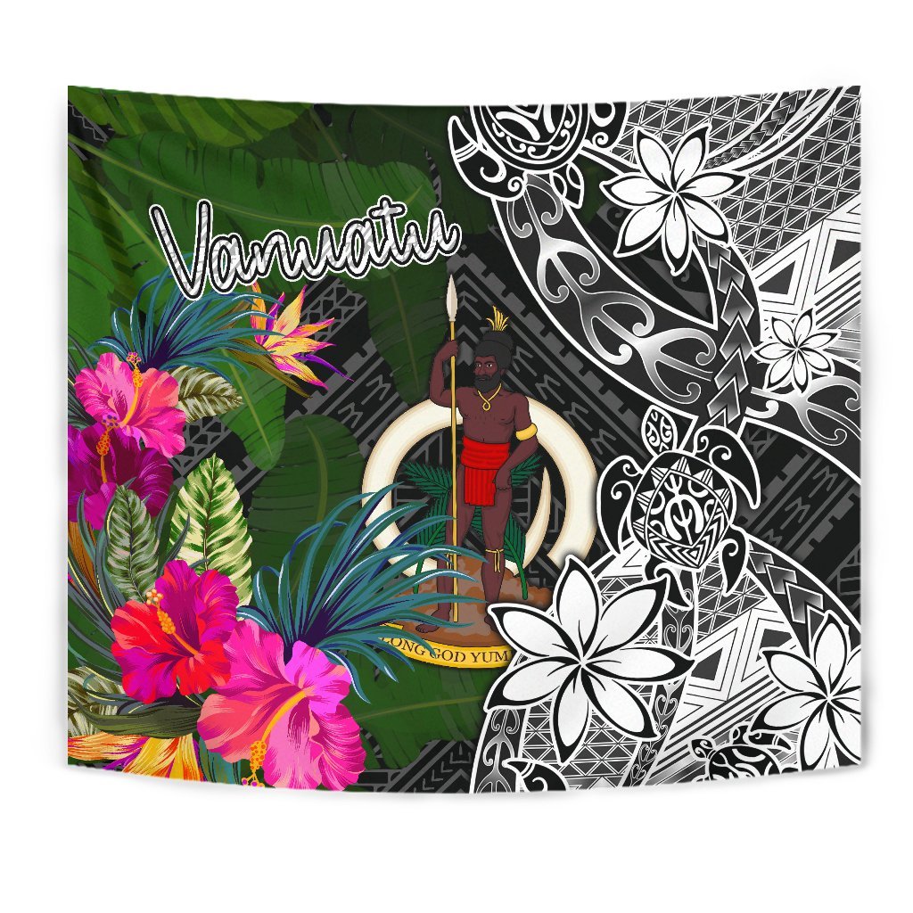 Vanuatu Tapestry - Turtle Plumeria Banana Leaf Wall Tapestry Black - Polynesian Pride