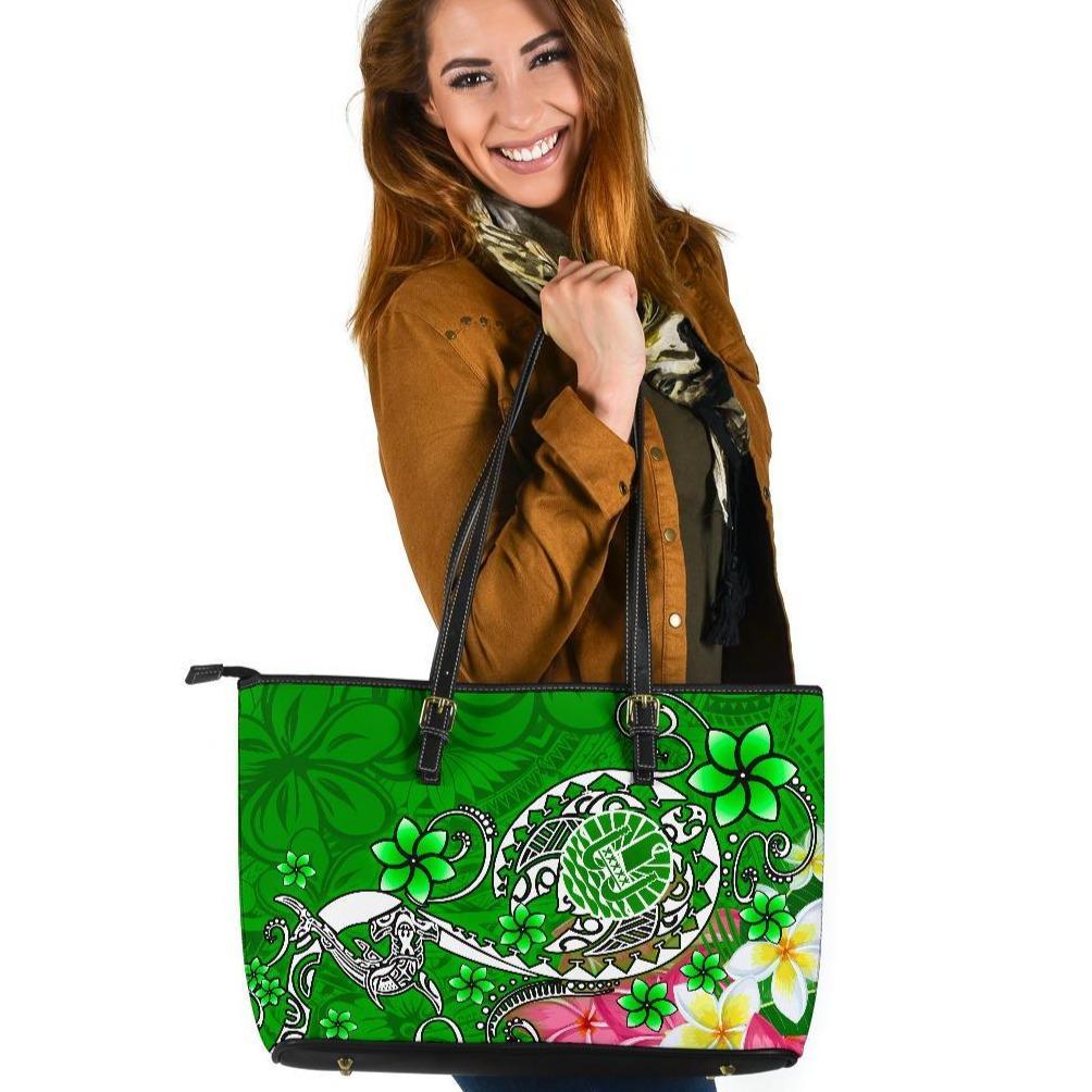 Tahiti Large Leather Tote Bag - Turtle Plumeria (Green) Green - Polynesian Pride