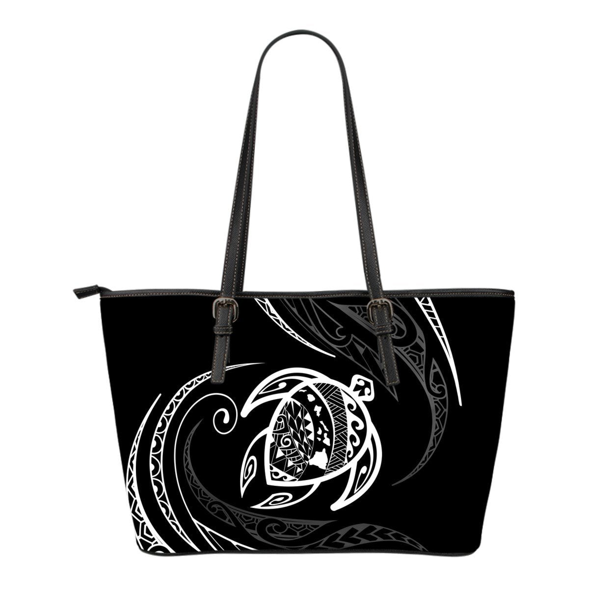 Hawaii Turtle Small Leather Tote - White - Frida Style Black - Polynesian Pride