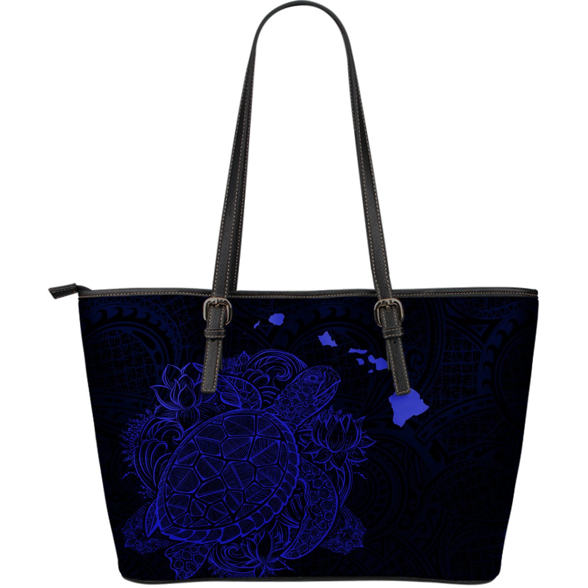 Polynesian Hawaii Leather Tote - Turtle Map Blue Black Black - Polynesian Pride