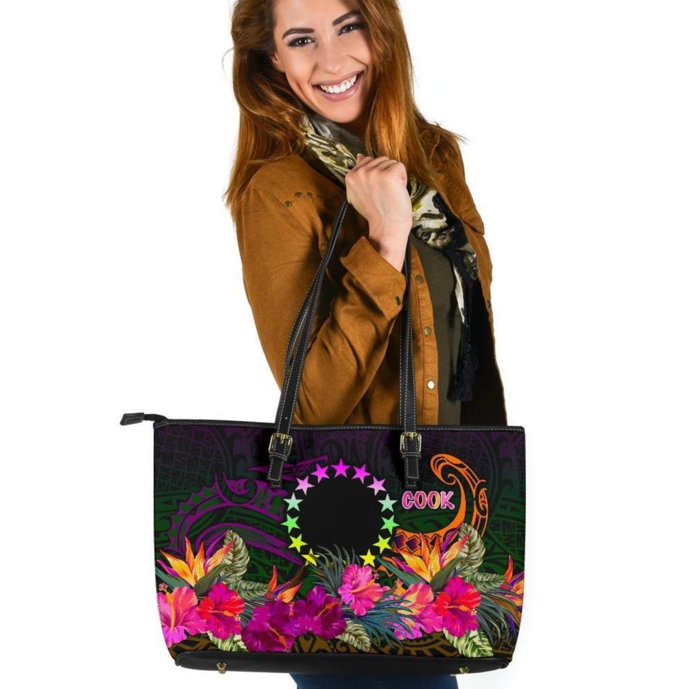 Cook Islands Polynesian Large Leather Tote Bag - Summer Hibiscus Black - Polynesian Pride