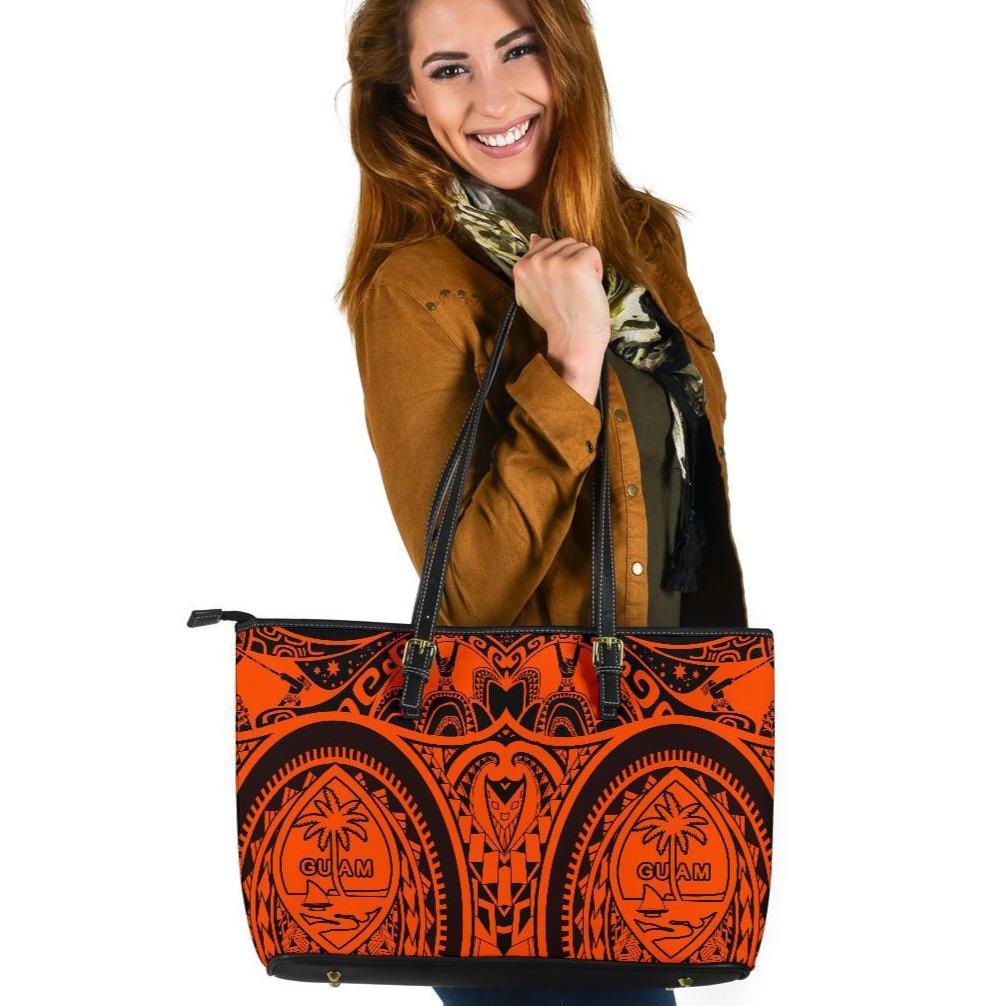 Polynesian Large Leather Totes - Guam Flag, Seal with Maui Moana Tattoo Orange - Polynesian Pride