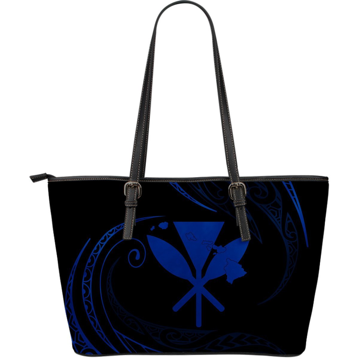 Kanaka Large Leather Tote - Blue - Frida Style Black - Polynesian Pride